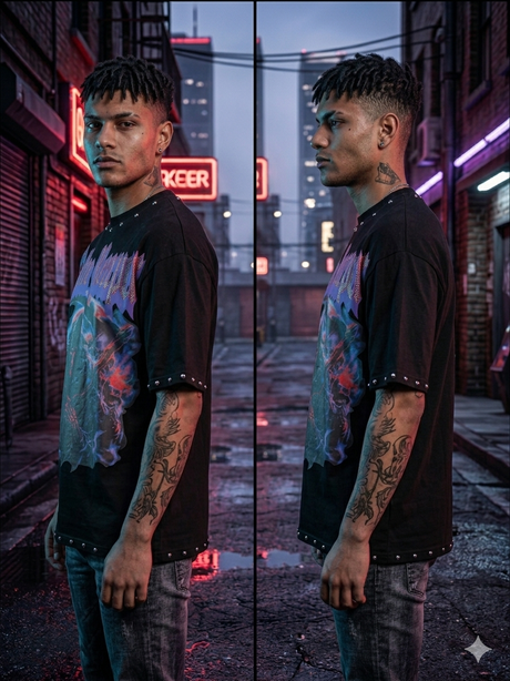 Modern streetwear look with an edgy black graphic T-shirt