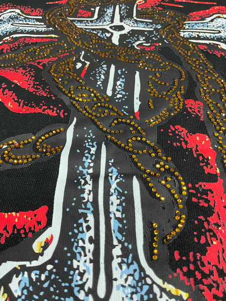 Modern streetwear look with an edgy rhinestone T-shirt