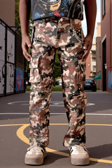 Elite kids camo rhinestone cargo baggy jeans front view bold streetwear look
