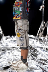 elite kids streetwear denim shorts rhinestone chain design fashion outfit