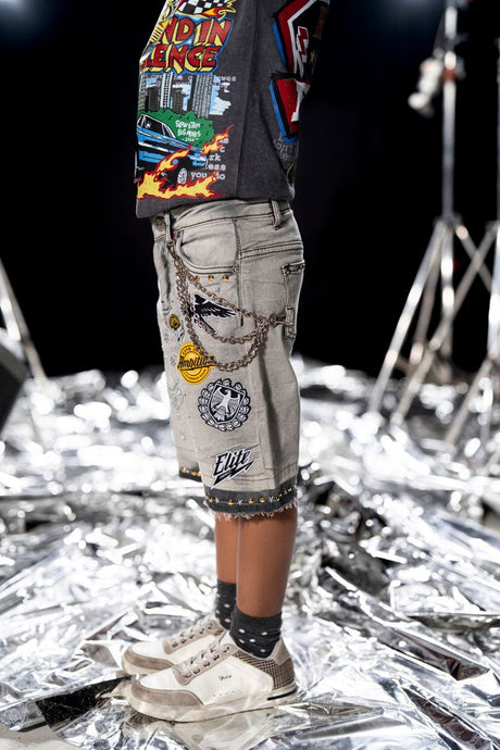 elite kids streetwear denim shorts rhinestone chain design fashion outfit