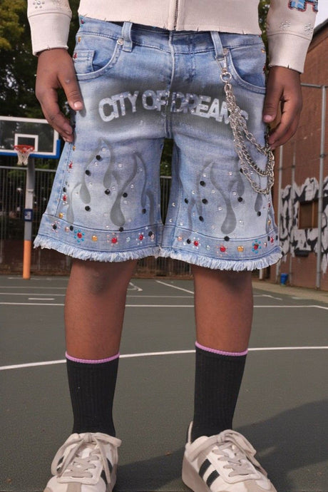 Elite Kids Dreams double waist rhinestone chain baggy shorts multicolor front view