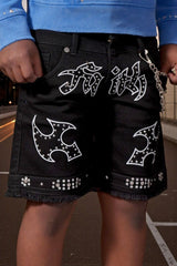 Elite Kids Faith double waist rhinestone chain baggy shorts front view