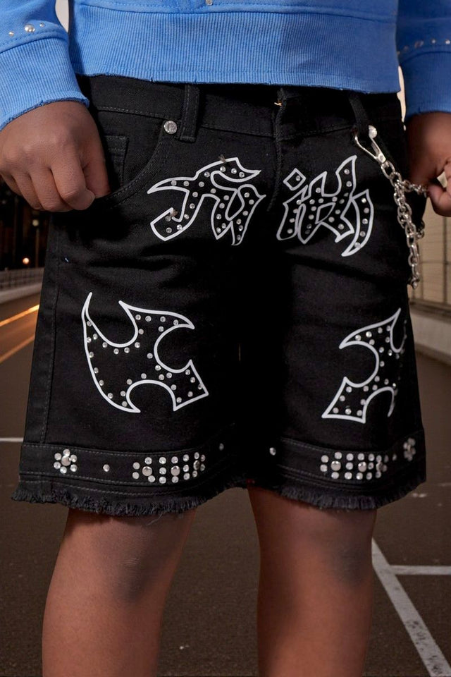 Elite Kids Faith double waist rhinestone chain baggy shorts front view