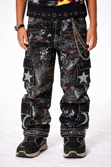 elite kids graffiti rhinestone cargo jeans denim blue streetwear style