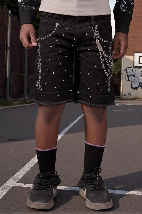 Elite Kids Greatness double waist rhinestone chain baggy shorts