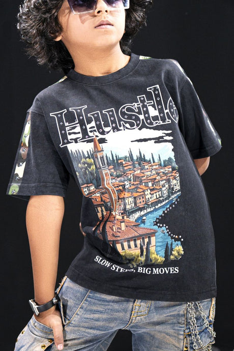 elite kids hustle rhinestone studded oversized heavy t shirt black streetwear drip