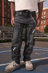 Kids Mardi Gras rhinestone baggy jeans front view with bold streetwear style