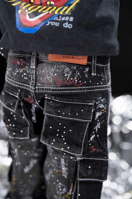 elite kids oversized graffiti cargo jeans studded rhinestone detailing