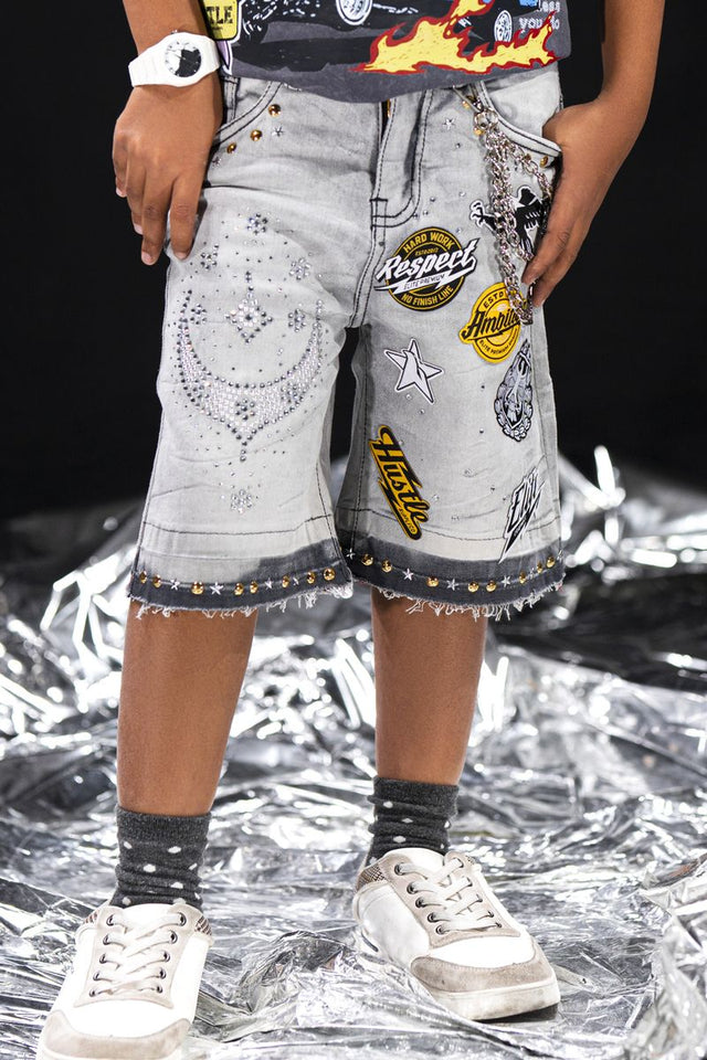 elite kids rhinestone chain night sky denim shorts multi color streetwear