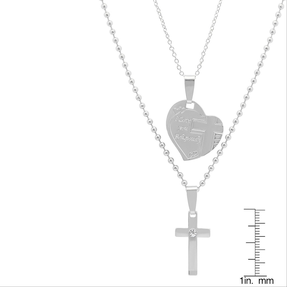 Simulated Diamond Alloy Cross Pendant & 'I Love You Religiously' Heart Pendant