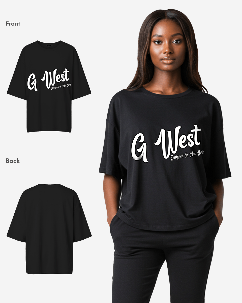 G West Womens Oversized Cursive Logo Black Tee