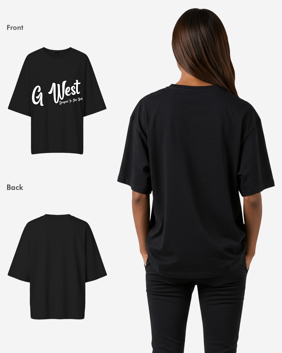 G West Womens Oversized Cursive Logo Black Tee