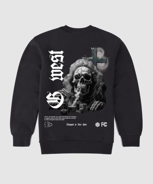 G West Smoke Skull Fleece Crewneck With Invisible Zippers