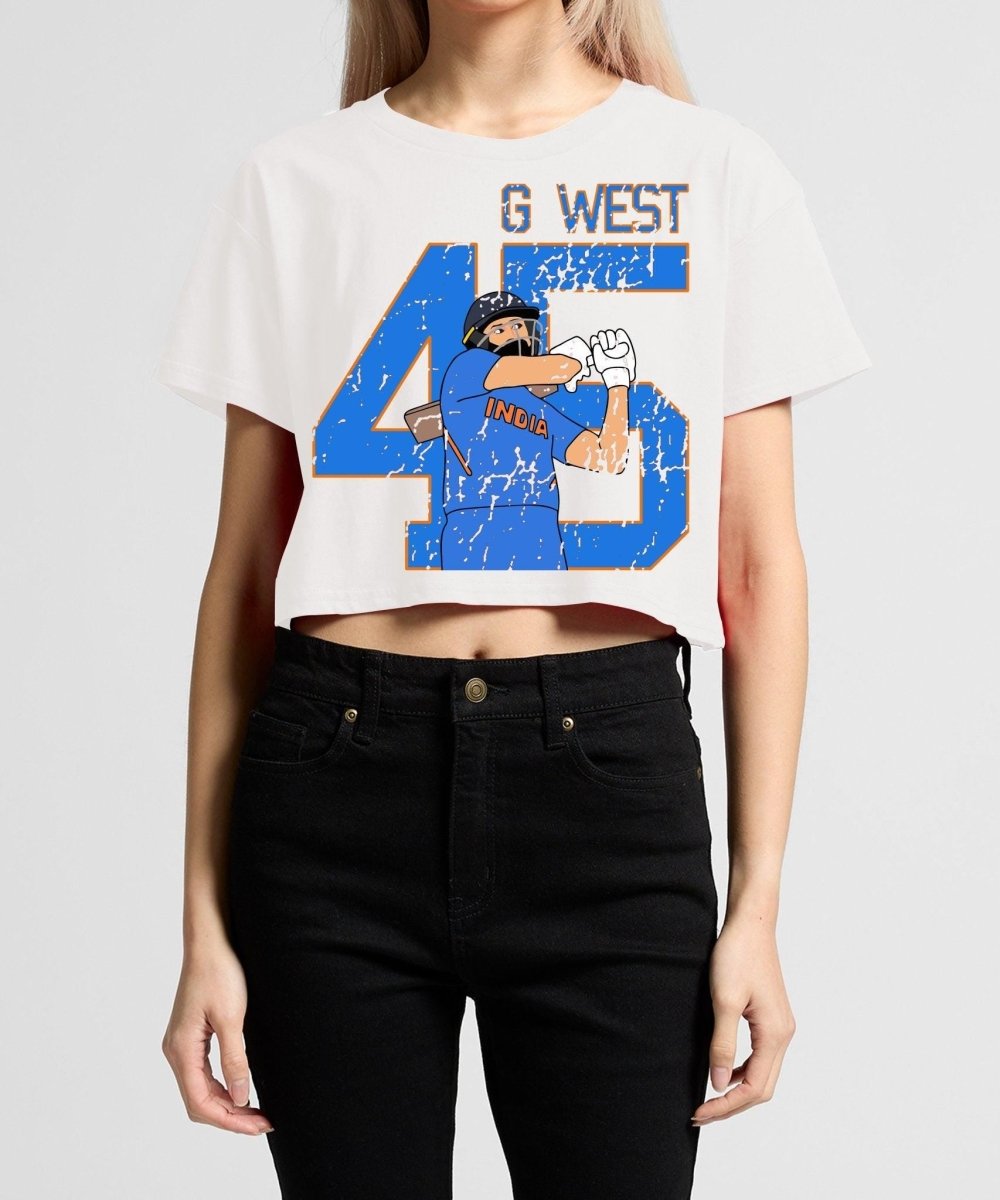 G West Women Cricket India King-45 White Crop T-Shirt