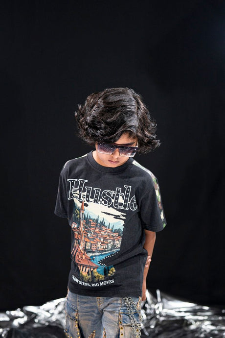 kids black oversized heavy t shirt hustle rhinestone street fit