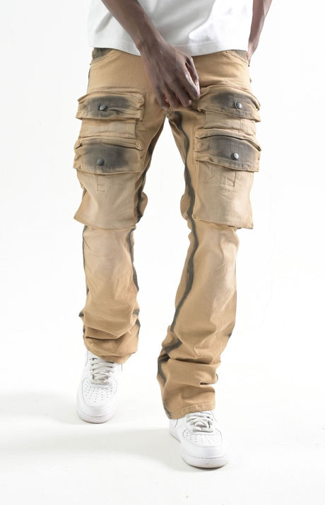 Khaki cargo stacked jeans with 3D pocket style streetwear fashion