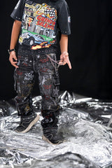 kids streetwear denim cargo pants blue rhinestone fashion outfit trend