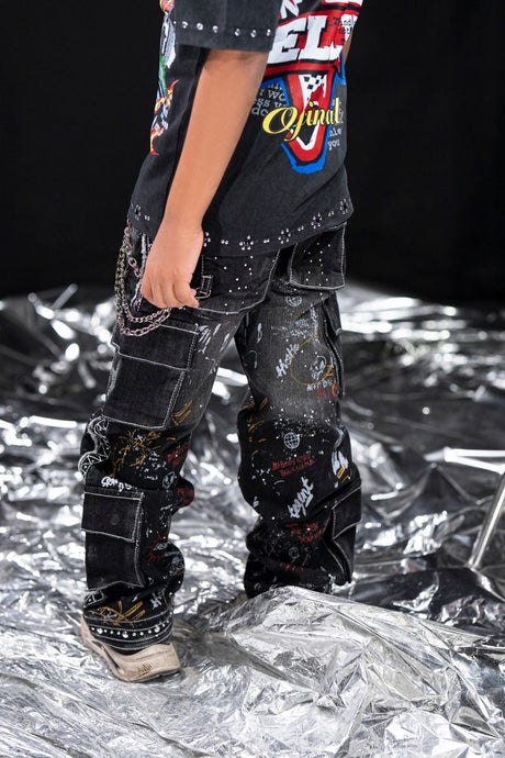 kids studded cargo denim jeans graffiti rhinestone street fashion outfit