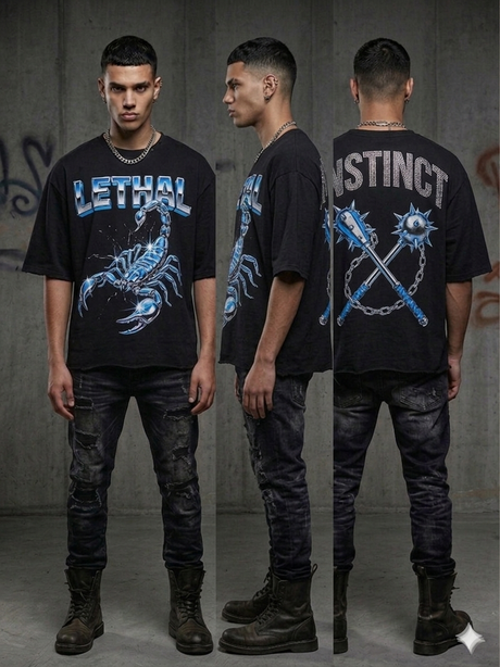 close up of rhinestone detailing on Rare Common Lethal Instinct t-shirt showing premium finish