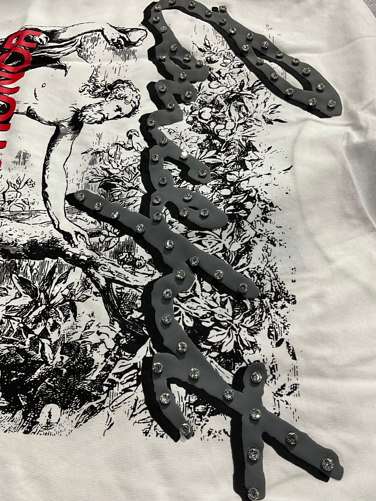 white rhinestone t shirt live with honor graphic streetwear outfit