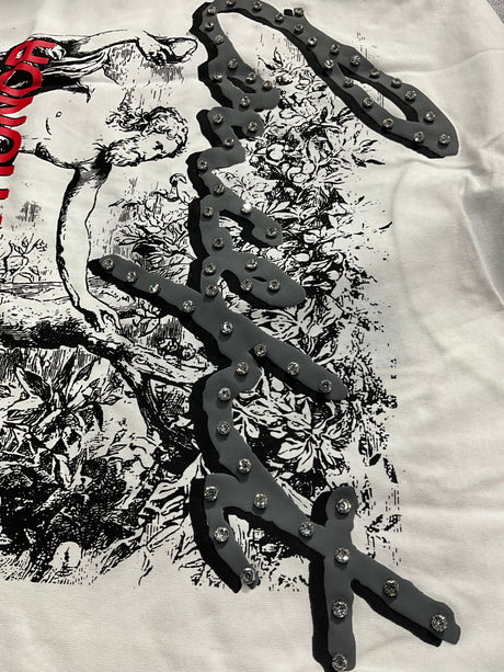 white rhinestone t shirt live with honor graphic streetwear outfit