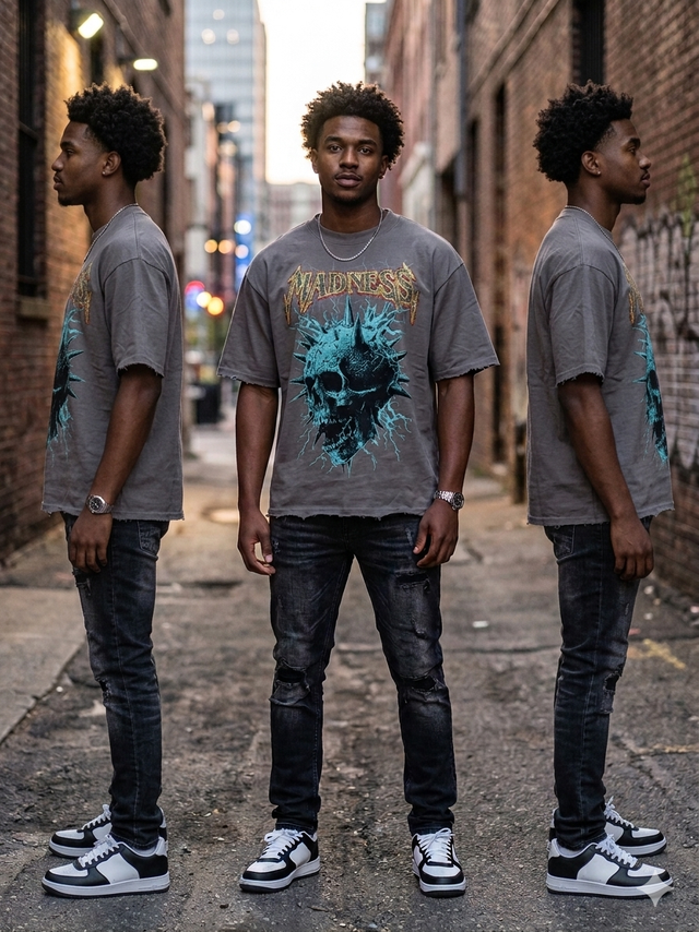 Streetwear outfit styled with a multicolor Madness rhinestone T-shirt