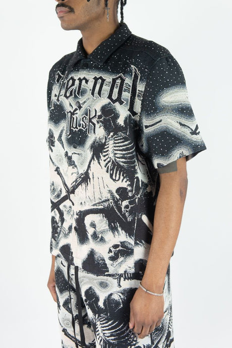 Matching streetwear set with rhinestone tapestry design standout look