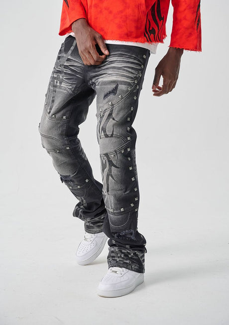 Mens stacked jeans metal studs black ash trendy look