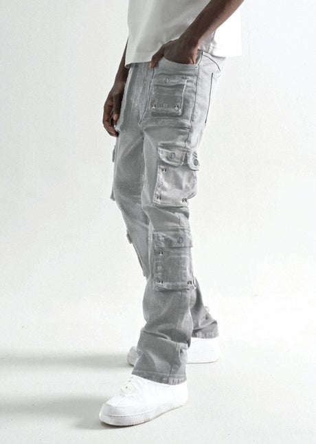 Mens stacked jeans with metal studs grey streetwear fashion