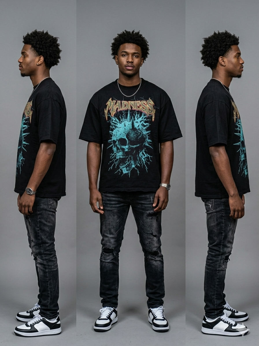 Urban outfit featuring a multicolor graphic T-shirt