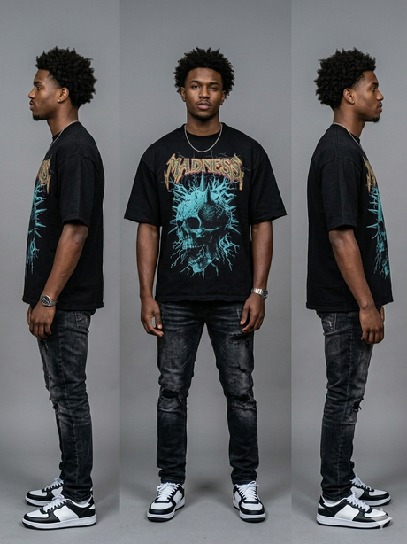 Urban outfit featuring a multicolor graphic T-shirt