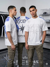Bold streetwear outfit featuring a multicolor graphic T-shirt