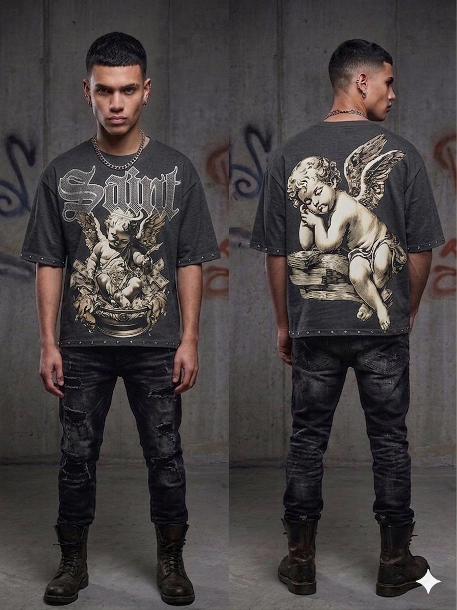 Urban outfit featuring a multicolor graphic T-shirt