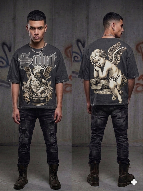 Urban outfit featuring a multicolor graphic T-shirt