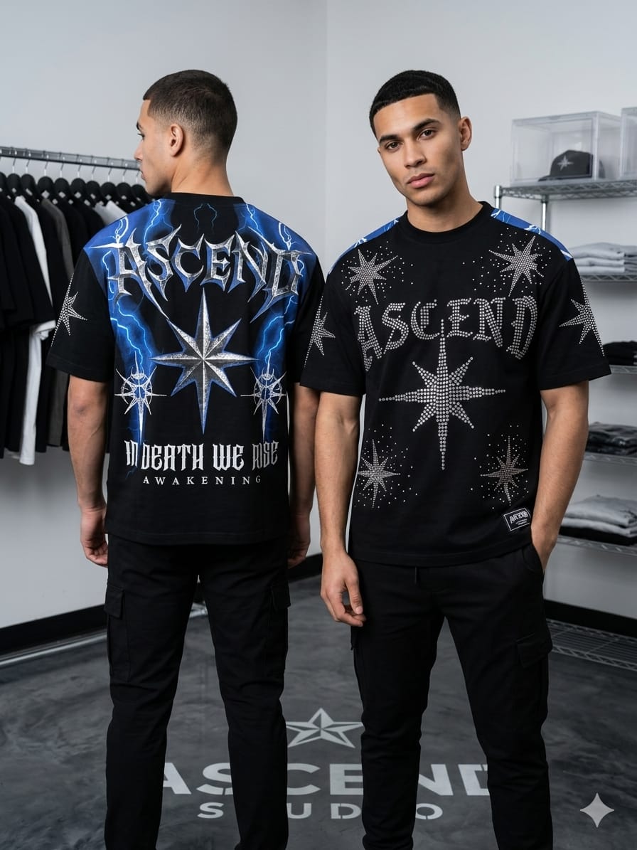 Urban fashion look with oversized rhinestone T-shirt