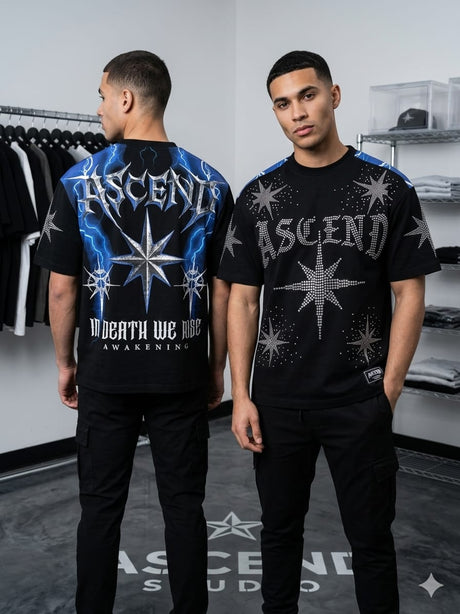 Urban fashion look with oversized rhinestone T-shirt
