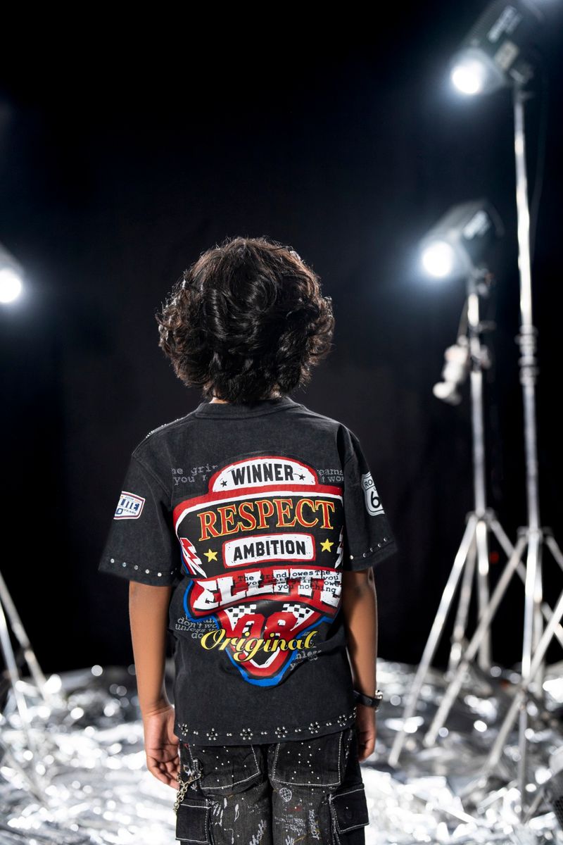 premium kids oversized t shirt rhinestone studded grind in silence outfit