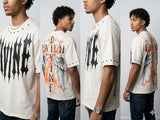 Streetwear outfit styled with a PU applique rhinestone T-shirt