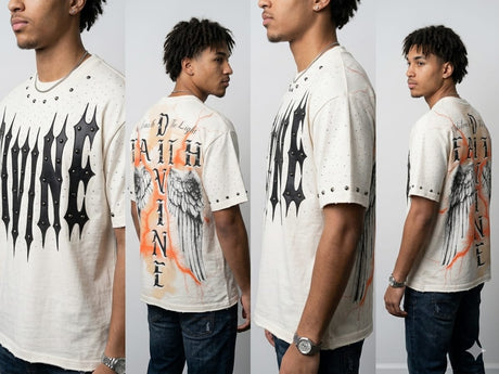 Streetwear outfit styled with a PU applique rhinestone T-shirt