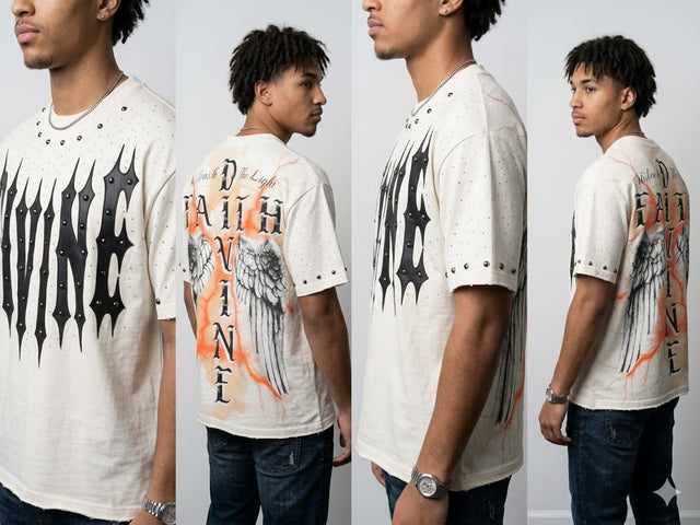Streetwear outfit styled with a PU applique rhinestone T-shirt