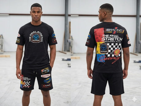 Streetwear outfit styled with a race-inspired short set for an athletic look