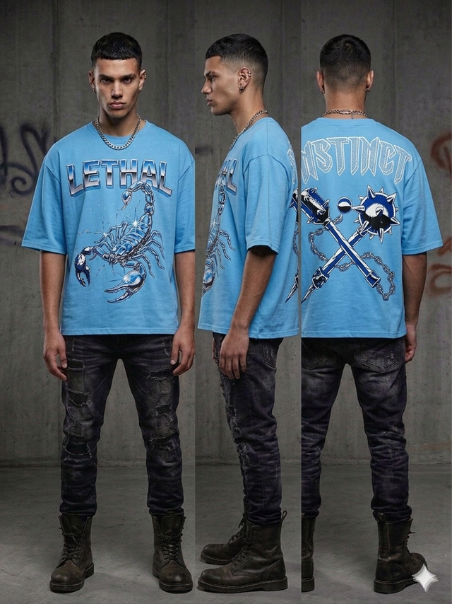 Rare Common Lethal Instinct rhinestone t-shirt in multi colors with bold front graphic design