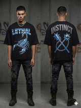 back view of Rare Common Lethal Instinct rhinestone t-shirt in multi colors streetwear style