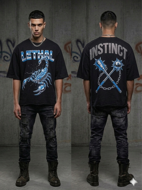 back view of Rare Common Lethal Instinct rhinestone t-shirt in multi colors streetwear style