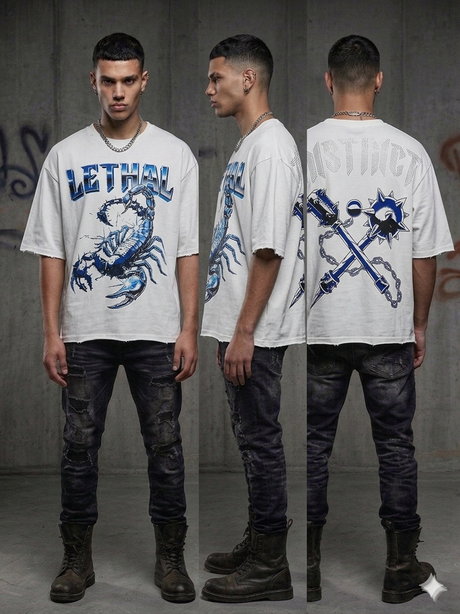 multi color Rare Common rhinestone t-shirt featuring lethal instinct streetwear graphic