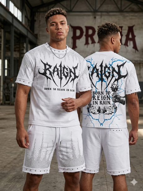 Streetwear outfit styled with a rhinestone French terry short set