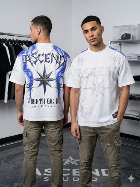 Streetwear outfit styled with a loose fit rhinestone star T-shirt