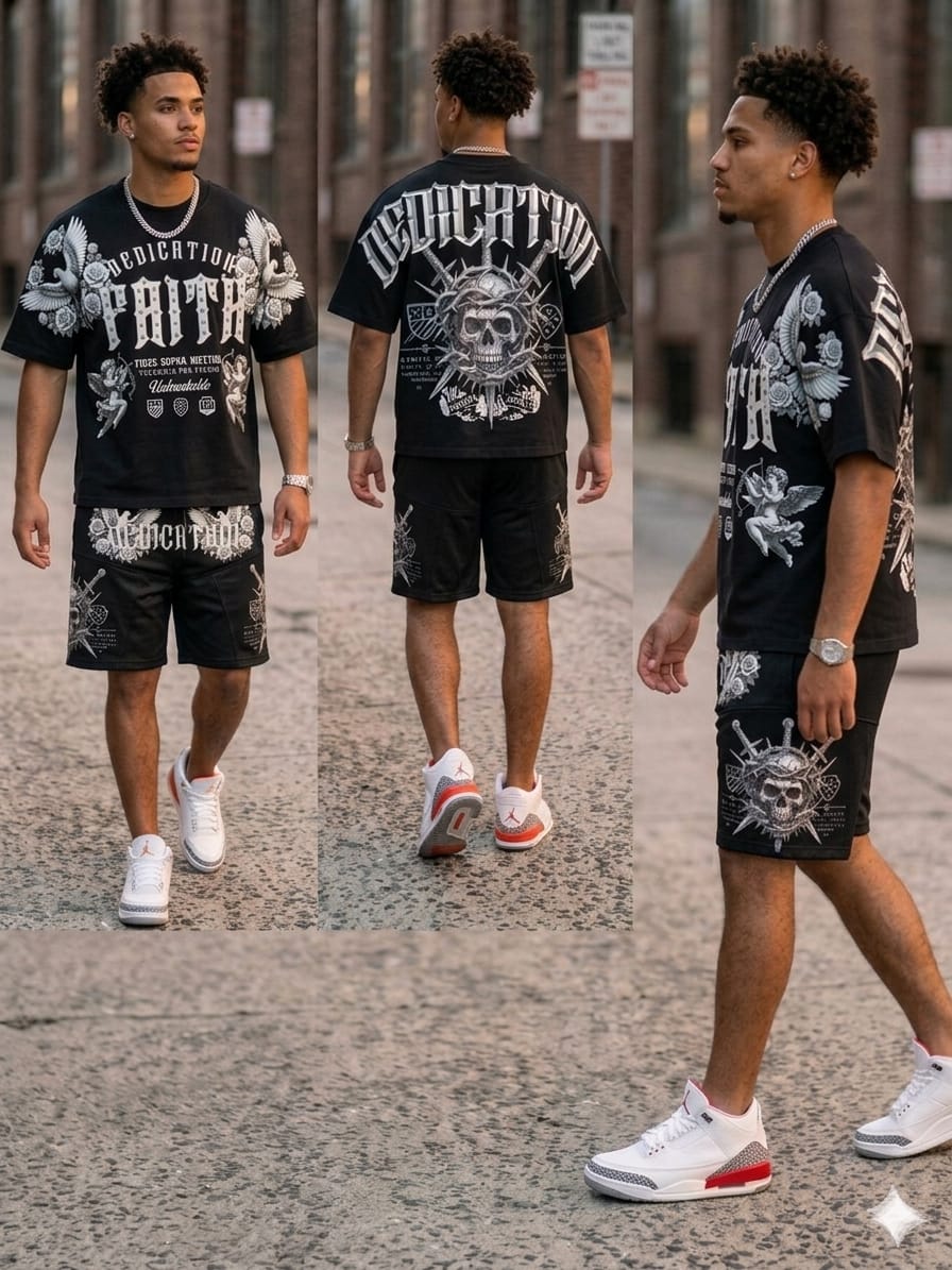 Streetwear outfit styled with a rhinestone studded short set