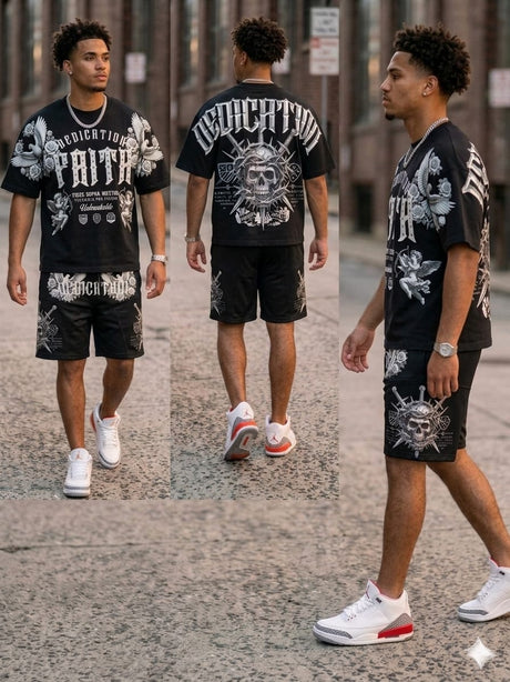 Streetwear outfit styled with a rhinestone studded short set